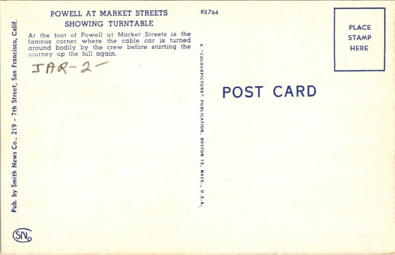 Powell & Market Streets Turntables San Francisco California DB Postcard