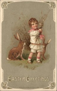 Winsch Easter Little Boy with Rabbits Gathers Pussy Willows c1910 Postcard