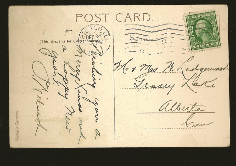 Postmarked 1910 Chicago ILL Embossed Christmas Greetings Postcard