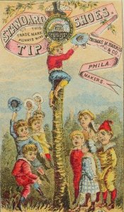 1870's-80's Standard Tip Shoes Adorable Boy Climbing Tree Children Cheering P41