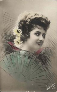 Art Deco Beautiful Woman with Stylized Fan Tinted Real Photo Vintage Postcard