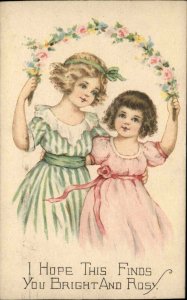 Little Girls Under Flower Wreath c1920 Vintage Postcard
