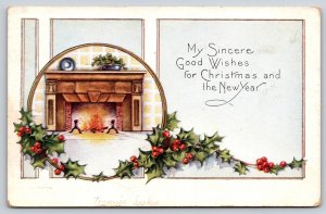 Greetings~Holly Fireplace Good Wish For Christmas~Whitney Made Vintage Postcard