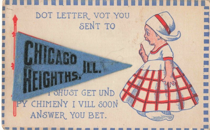 Postcard Felt Pennant Chicago Heights Illinois c1915