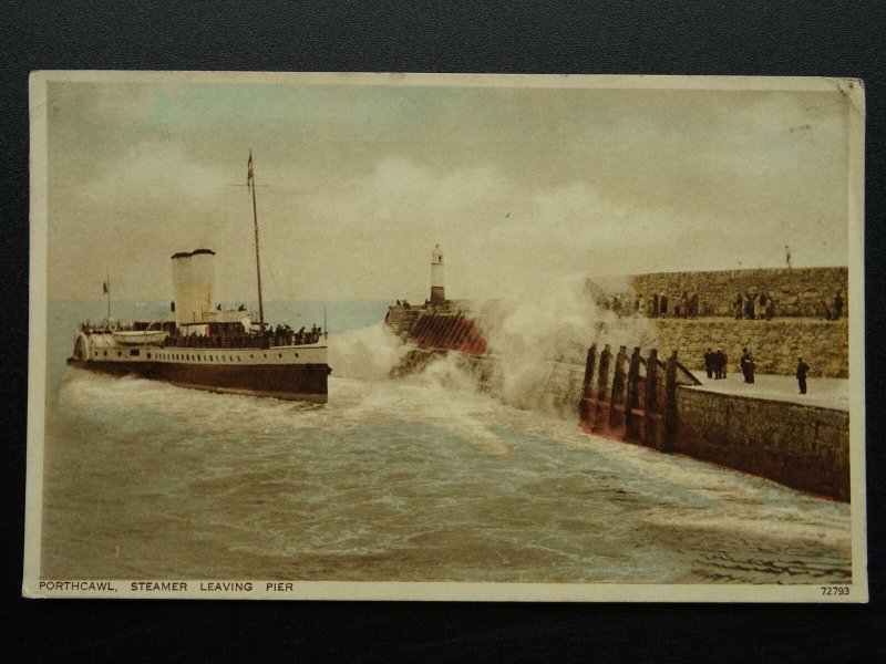 Wales PORTHCAWL Paddle Steamer Leaving Pier c1930s Postcard by Photochrom