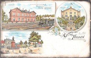 Germany Gruss aus Hilden Railway Station Steam Train Restaurant postcard B964