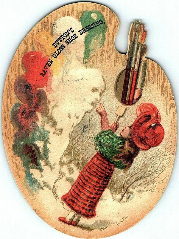 1880's Die-Cut Painter's Palette Button's Shoe Dressing Girl & Snowman P145