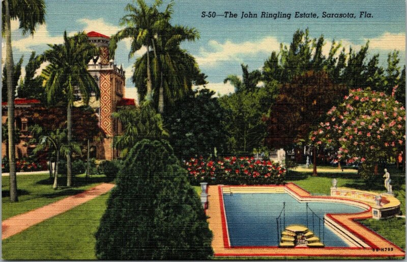 Vtg 1940's Garden Swimming Pool John Ringling Estate Circus Sarasota FL Postcard