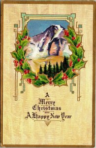 VTG 1910's Mountain Range Holly Berries Gold Embossed Merry Christmas Postcard