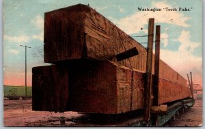 Seattle Washington 1915 Postcard Washington Tooth Picks Logs On Rail Car Lumber
