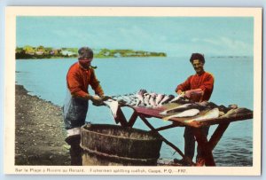 Gaspe (Quebec) Canada Postcard Fishermen Splitting Codfish c1940's Vintage