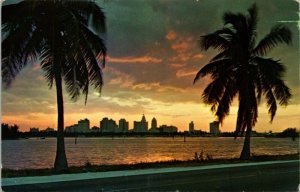 Miami Florida Scenic Tropical Sunset Ocean Coastal Chrome Cancel WOB Postcard