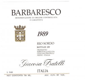 Barbaresco, Rio Sordo, Giacosa Fratelli 1989, Vintage Wine Label