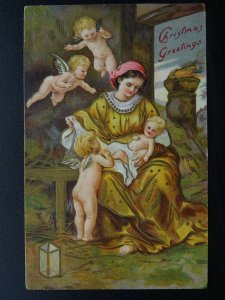CHRISTMAS GREETINGS Baby Jesus in Stable & Cherubs Angels Old Embossed Postcard