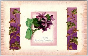 Loving Birthday Greetings Vine Ivy Leaves Violets Flower Wishes Card Postcard