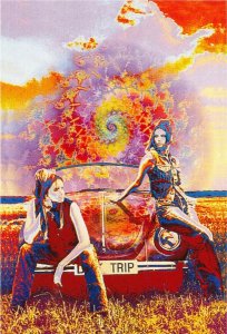 Volkswagen Beetle Day Trip 1960s Style Psychedelic Hippie Art Postcard