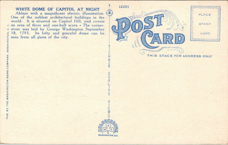 Vtg 1920s US Capitol by Night Washington DC Unused Postcard