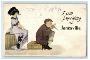 1912 Humor Joy Riding Janesville WI, Car Steering Wheel Pretend Car Postcard