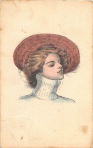 BEAUTIFUL WOMAN HAT NECK WARMER POSTCARD 1911