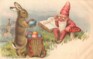 Easter Greetings Humanized Rabbits Egg Dwarf Mushroom embossed postcard C317