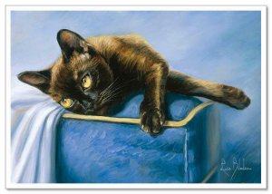 BLACK CAT as Panther resting on the couch by Lucie Bilodeau New Russian Postcard