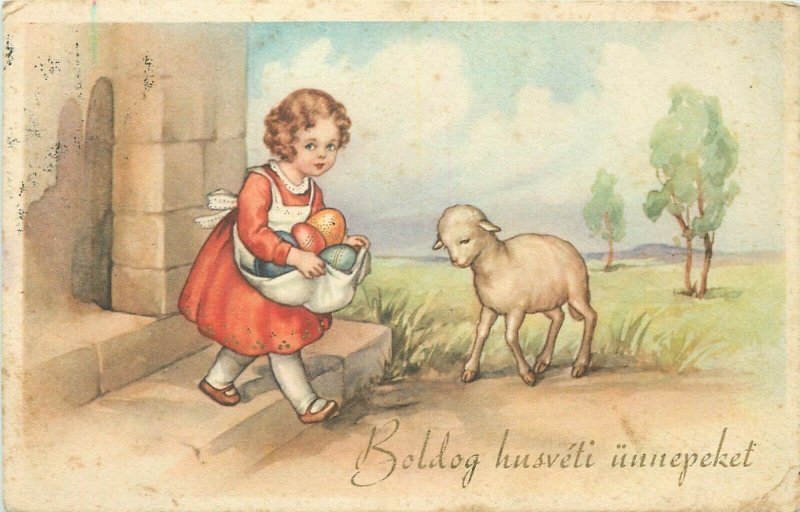 Easter greetings Hungary girl lamb eggs postcard