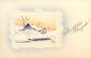 Embossed New Year winter landscape seasonal greetings postcard 1912