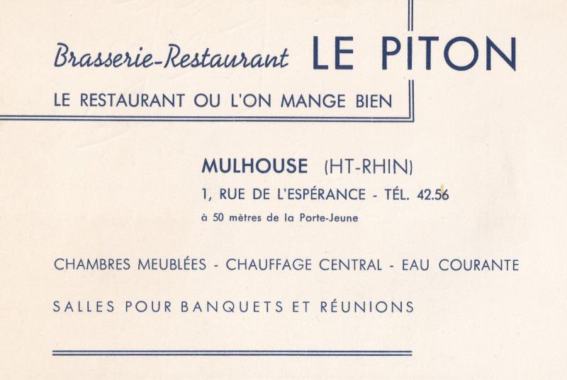 Le Piton Restaurant Hotel Mulhouse French Borders Advertising Card + 1950s Ci...