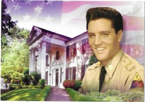 Elvis Presley in Army Uniform Graceland & American Flag Background 4 by 6