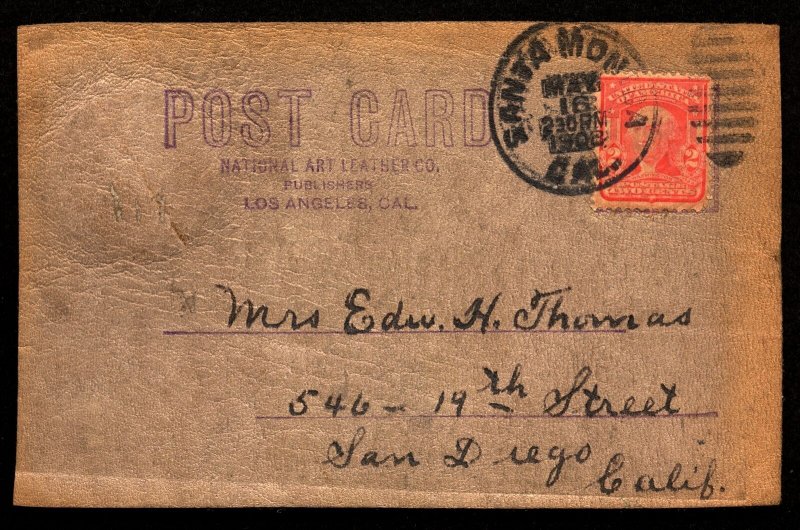 ABRO Stamps 1908 Vintage Leather Post Card Santa Monica posted to S. Diego