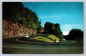 Hairpin Turn on Mohawk Trail in Massachusetts Classic Cars Vintage Postcard 1654