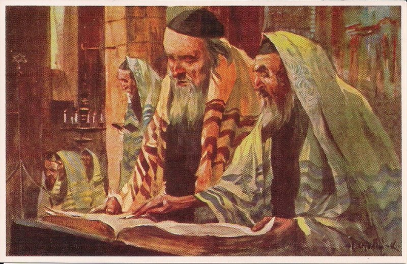 JUDAICA Men Reading Torah Synagogue, Jewish Life, REPRO 1920 Tallis, Art, Poland