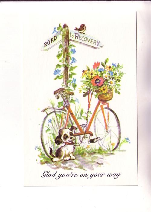 Puppy and Bicycle, Glad You're On Your Way, Vintage Get Well Postcard