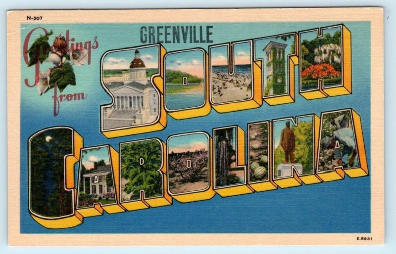 2 Large Letter Linens GREENVILLE, South Carolina SC ~ 1940s Asheville Postcards