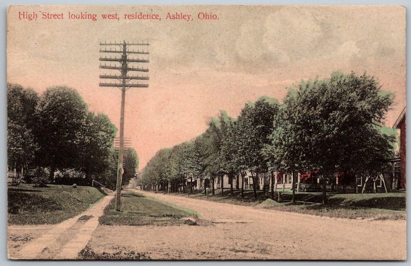 Ashley Ohio 1910 Postcard High Street Looking West Homes Residences Utility Pole
