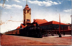 Postcard Union Railroad Station and Train in Springfield, Illinois