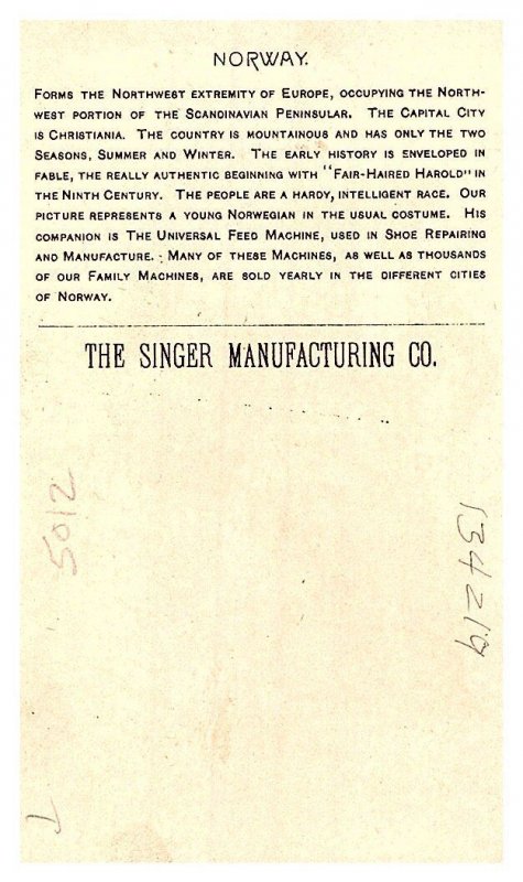 1892 Singer Manufacturing Trade Card - Norway
