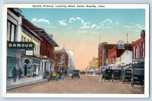Cedar Rapids Iowa Postcard Second Avenue Looking West Classic Cars 1920 Unposted