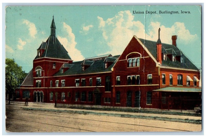 1919 Union Depot Train Station Burlington Iowa IA Posted Antique Postcard