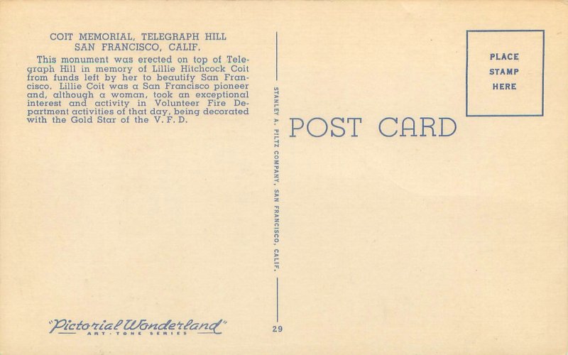 San Francisco CA Coit Memorial Telegraph Hill Linen Postcard Unused