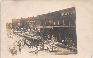 J50/ Centralia Illinois RPPC Postcard c1910 Railroad TrolleyStop Crowd 132