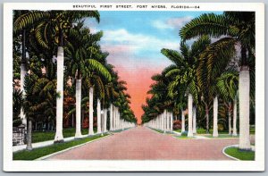 Vtg Fort Myers Florida FL First Street View Tropical Palm Trees Linen Postcard