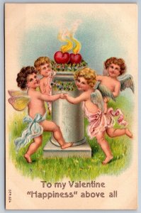 Valentine~4 Cupids Dance Around 2 Hearts Burning On Pillar~Emboss~Germany~c1910