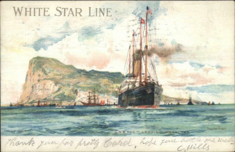 White Star Line Steamship Cretic Leaving Gibraltar 1910 Used Postcard