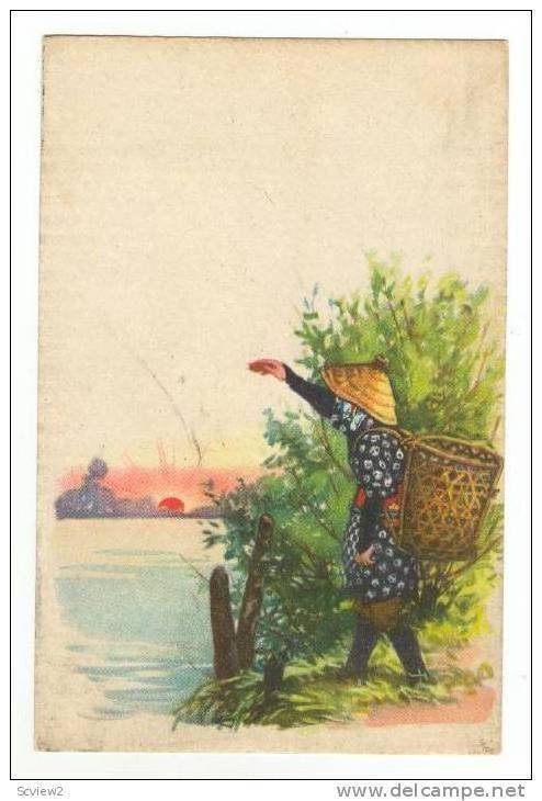 Farmer & rising sun art postcard, Japan, 20-40s