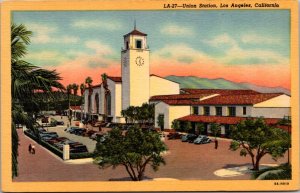 Linen Postcard Union Railroad Train Station in Los Angeles, California