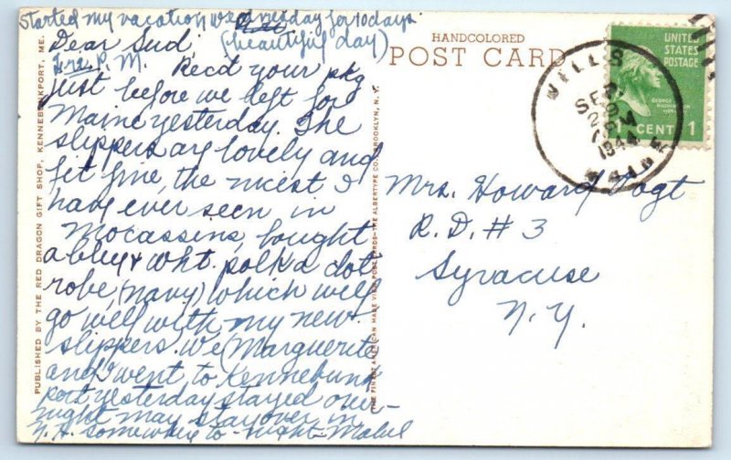 KENNEBUNKPORT, Maine ME ~ Handcolored BATHING BEACH York County 1944 Postcard