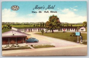 Hull Illinois~Meyers Motel Court~Roadside 36~Garrett Owsley Owner~Linen Postcard