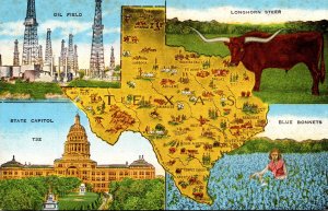 Texas Map With Oil Field State Capitol Longhorn Steer and Blue Bonnets