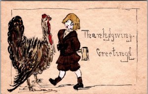 RARE Vintage Postcard Thanksgiving Greeting Turkey Artist Signed Boy Hatchet JW7